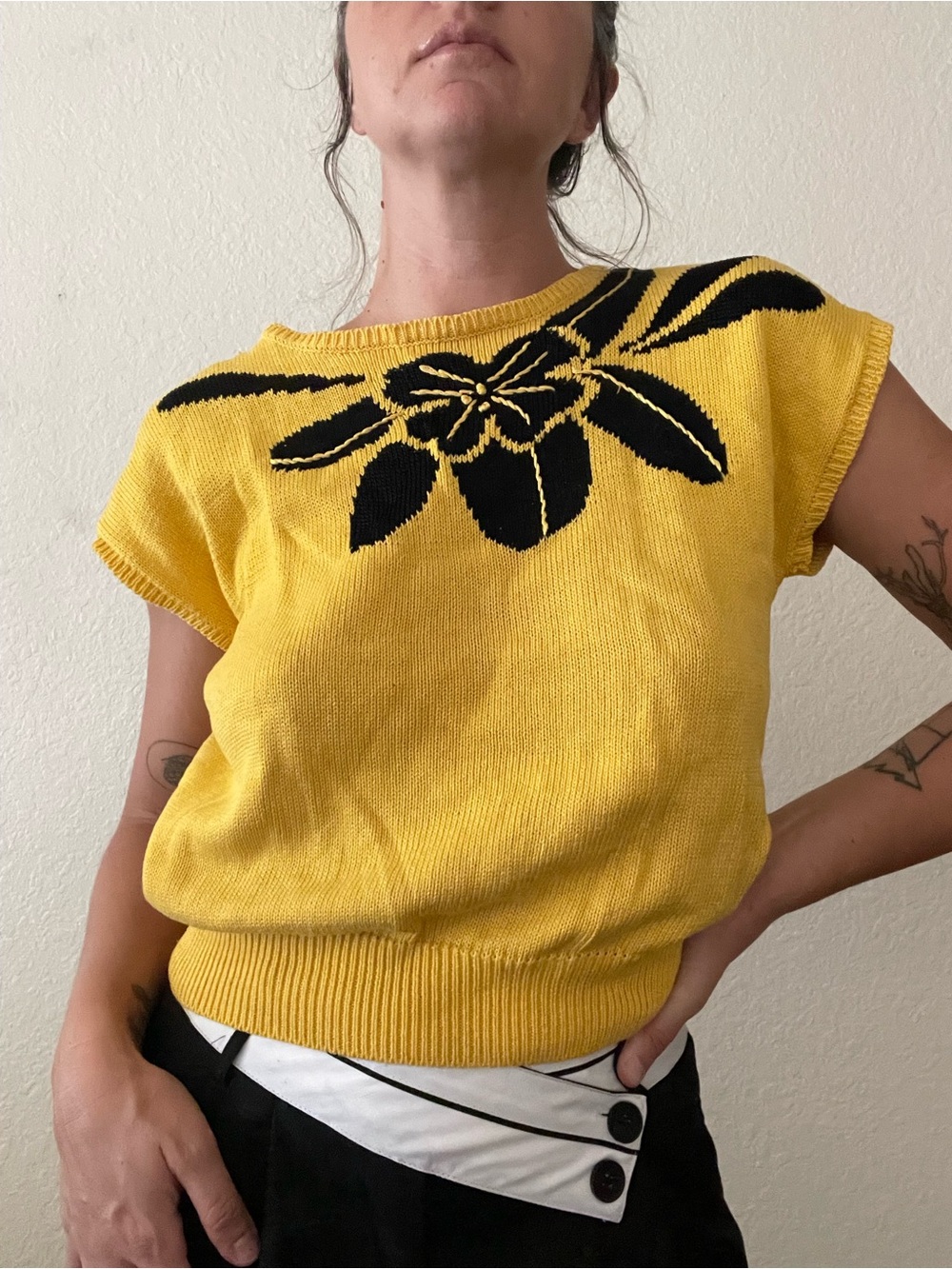 Yellow Knit Floral Yoke Sweater Top